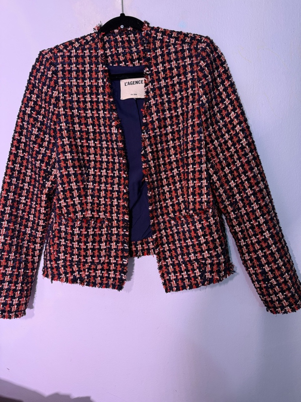 L’AGENCE Tweed Adette Open Front Jacket in Multi-Pink size medium